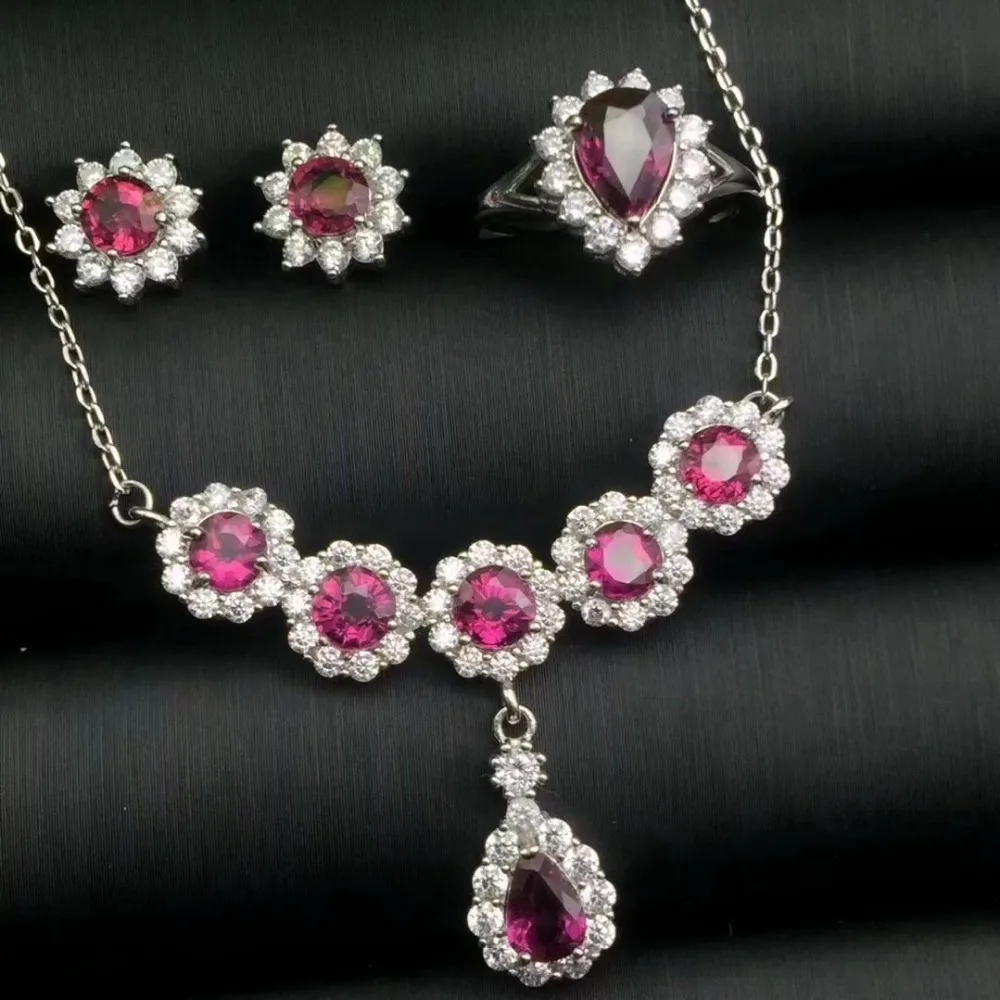 Верность природный гранат S925 серебро Fine Jewelry Набор для женщин Свадебные натуральный фиолетовый камень серьги кольца кулон