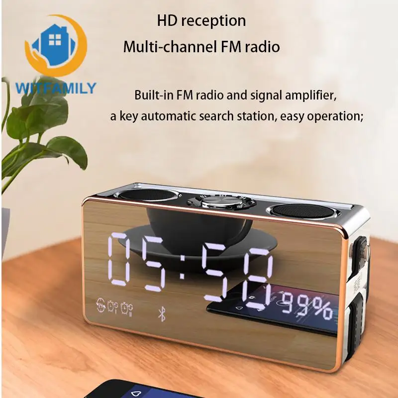 

Mirror Subwoofer Music Player Alarm clock with FM Radio Wireless Bluetooth Digital HD Phone Sound Desktop LED Clock Stereo