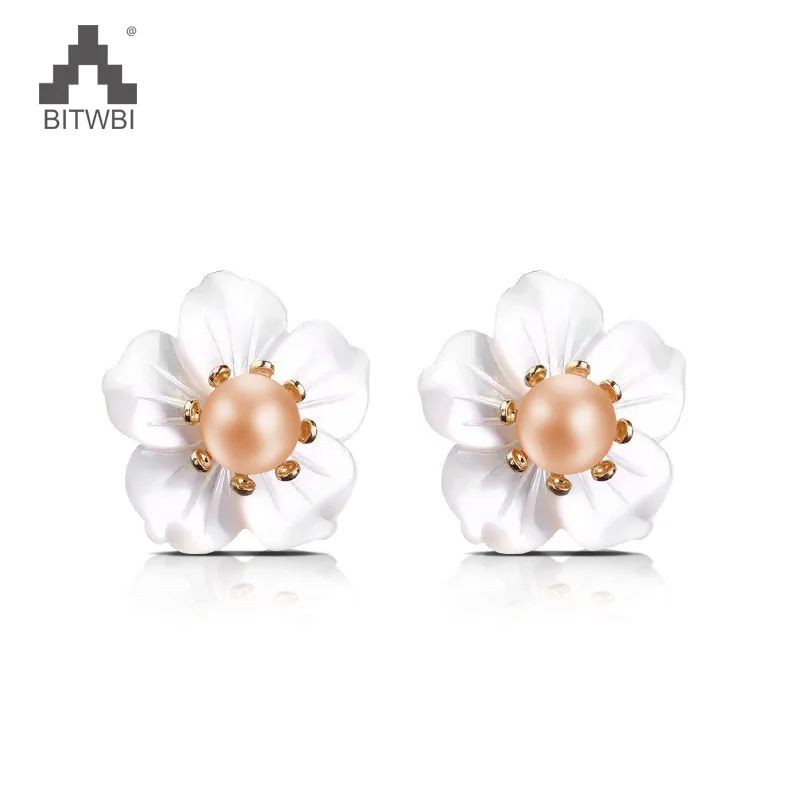 

Korea Hot Style Pure 925 Sterling Silver Earrings Natural Freshwater Pearl Ear Studs Shell Hibiscus Flower Jewelry