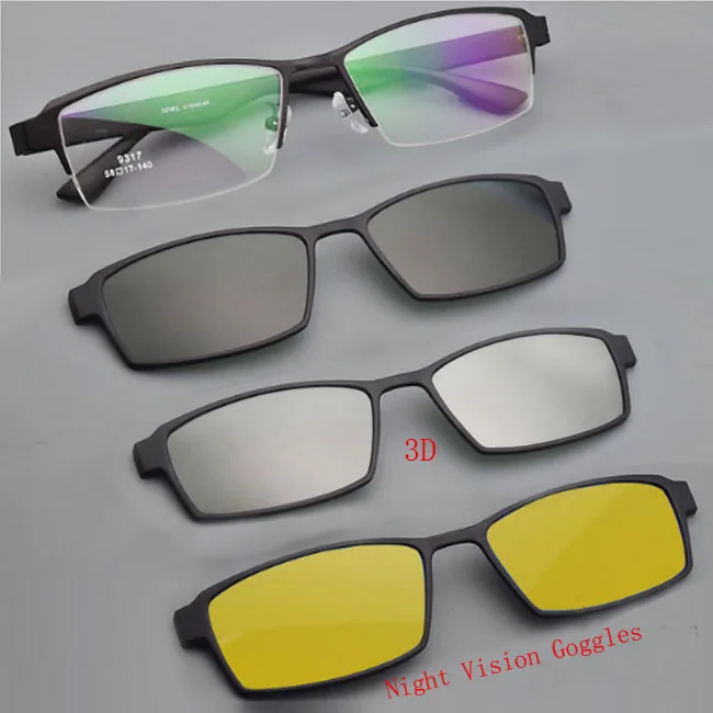 Оправа для очков, сплав, мужской большой ремень, магнитный зажим, очки для близорукости, оправа для очков, 3D линзы, поляризованные солнцезащитные очки, песочный, черный, ночное видение - Цвет оправы: large black  3 clip