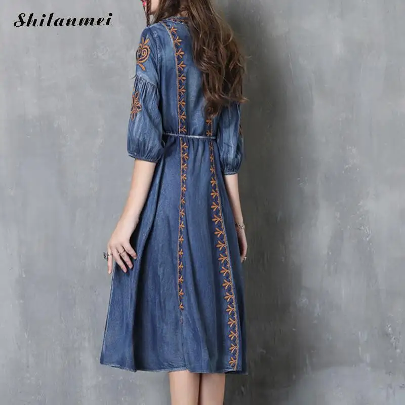 Fashion Blue Half Sleeve Woman Casual Denim Dress Embroidered One Piece Female 2018 Autumn Streetwear Loose Jeans Dresses