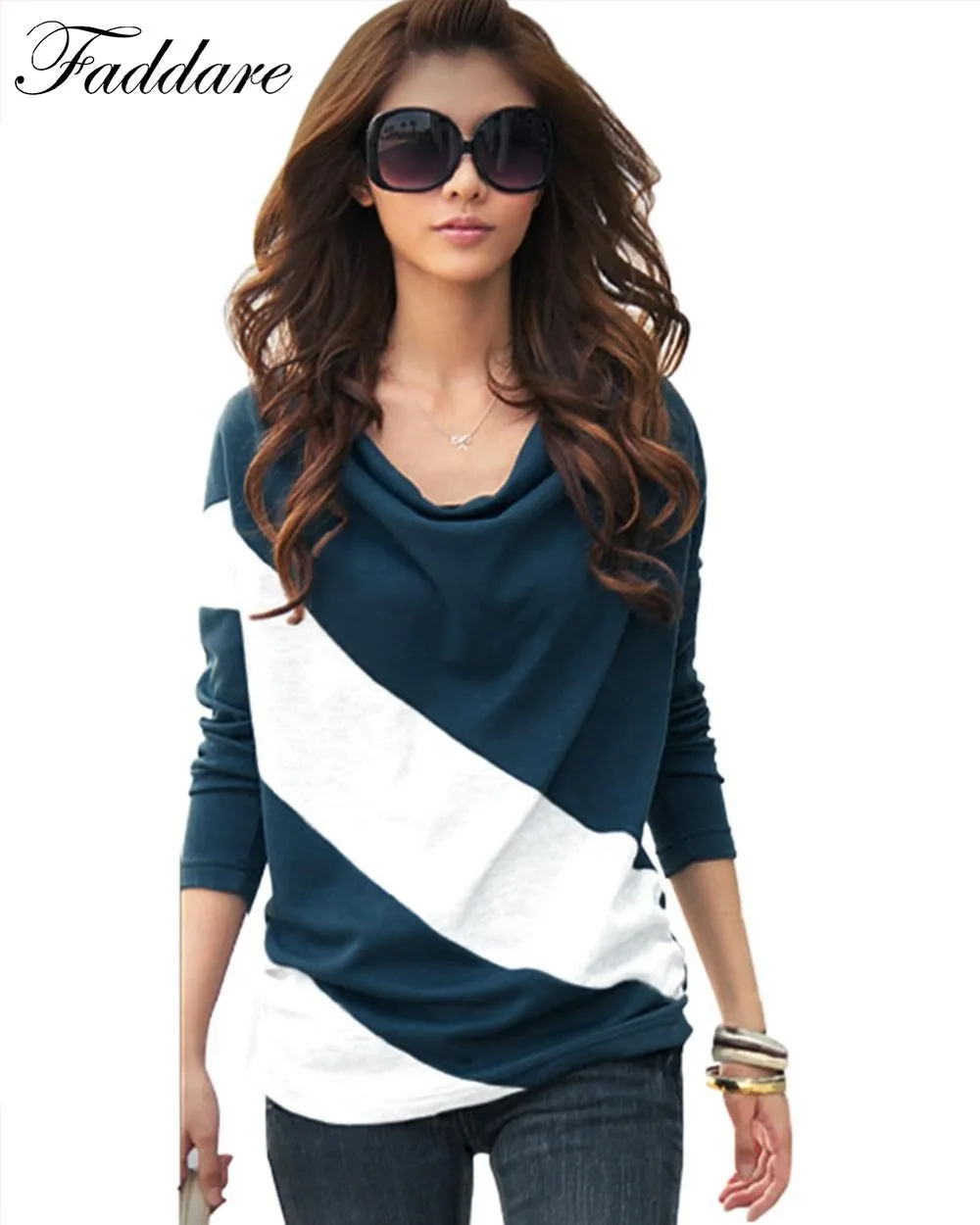 3 Color Ladies Contrast Color Shirts Long Sleeve Pleated Patchwork