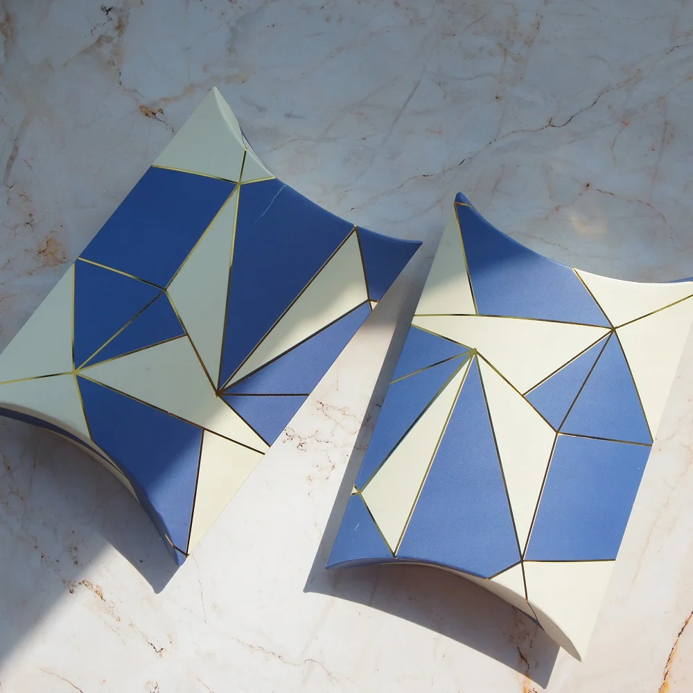 

New 10pcs gold blue Gemstone pillow shape Box as Gift Candy Cookie Sweet Packaging wedding favors and gifts birthday DIY use