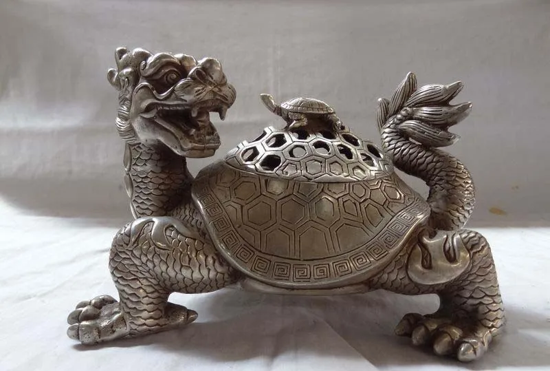

10" China Silver Dragon Turtle Kylin Statue Tibet Box Incense Burner Censer FREE SHIPPING