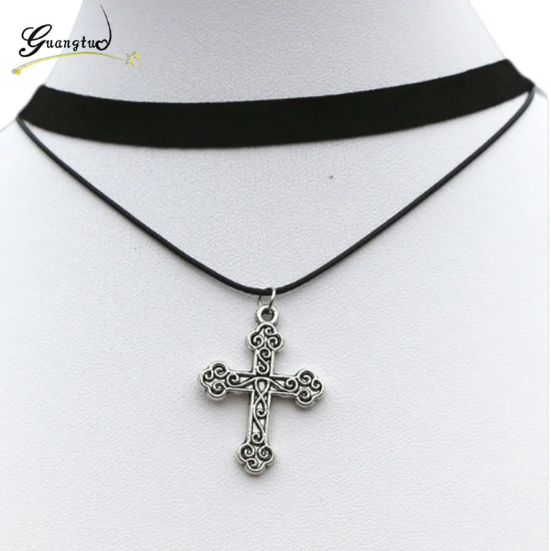 Classic Cross Pendant Chokers Necklaces Black Velvet Double Layer