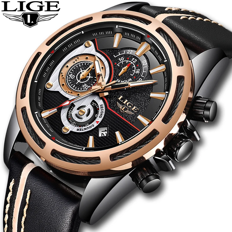 

Relojes of July 2019 LIGE New Fashion Men Watches Leather Sport Quartz Watch Waterproof Men Military Chronograph Big Dial Clock