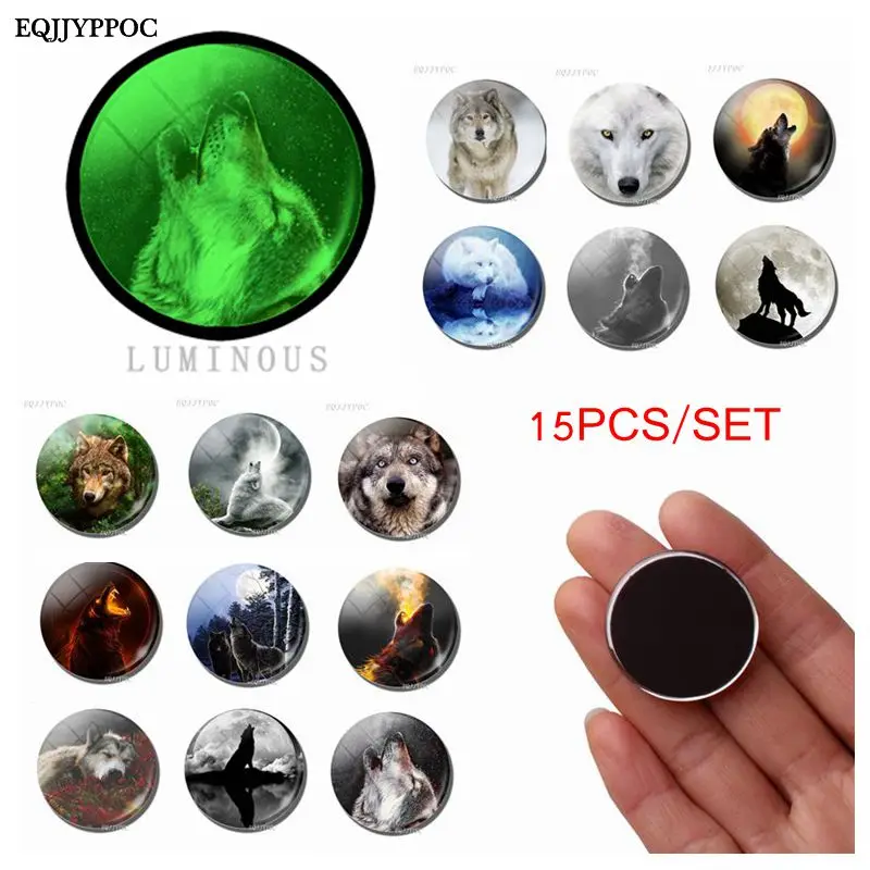 

WOLF and FULL MOON Refrigerator Decoration Magnetic Stickers Luminous Super Discount 15 PCS Set 25 MM Glass Fridge Magnet Decor