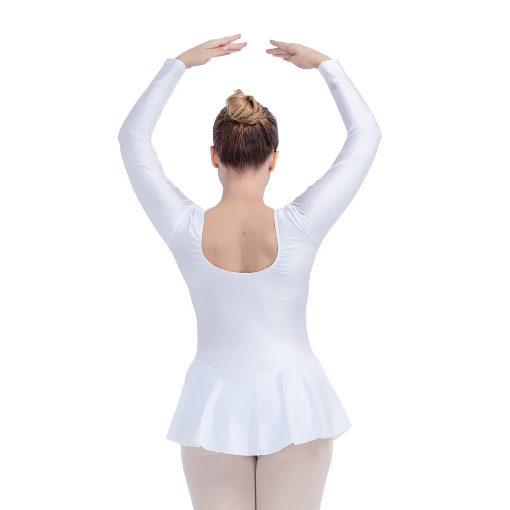 Белый блестящий нейлон/лайкра с длинным рукавом Купальник для балета, танцев с юбками для дам/девушек