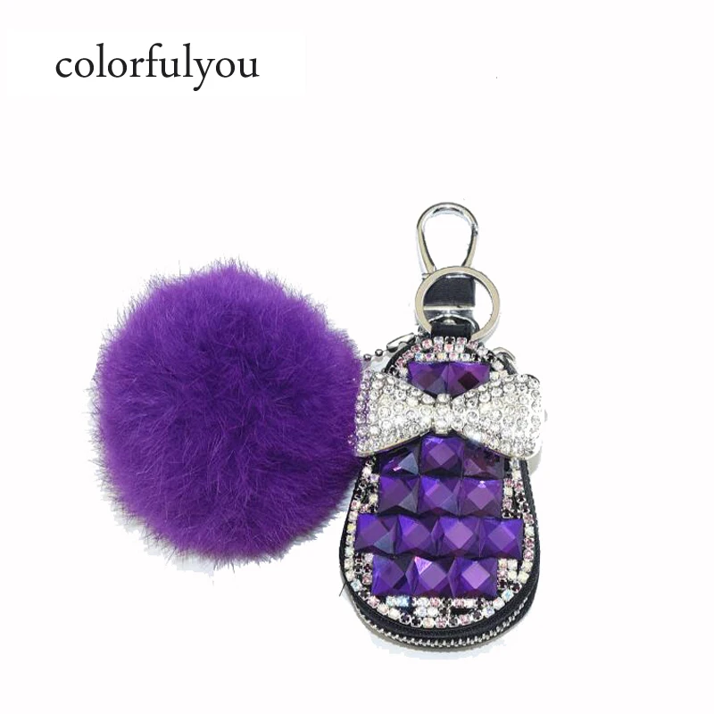 

2019 NEW Women's key bag Diamond Housekeeper Car Key Bag Girl Coin Purse Key Wallet Zipper PU Leather Pouch with Cute hair ball