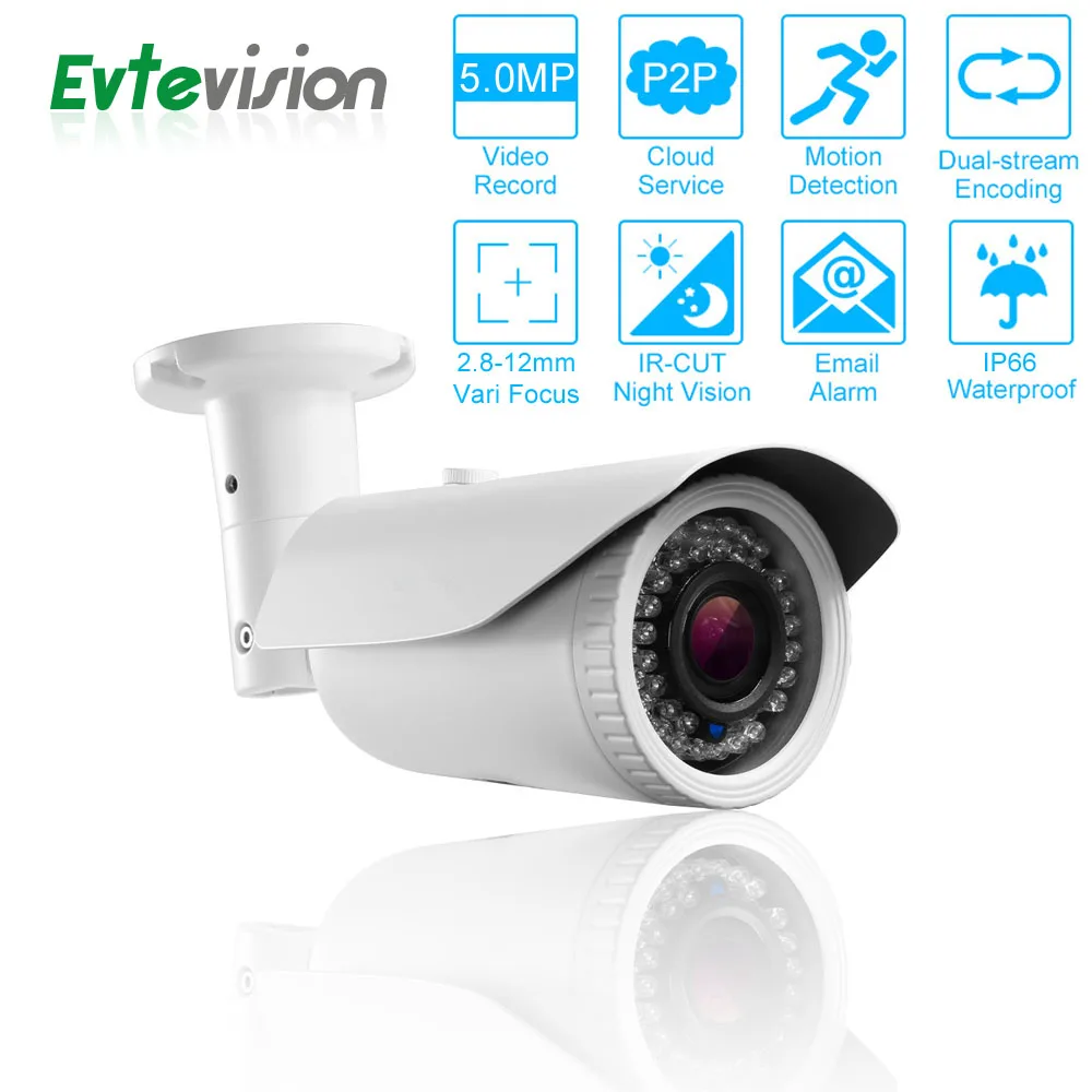 

Evtevision Free shippping 5.0MP H.265 IP Camera 4K Output Onvif P2P 2.8-12mm Lens 42pcs IR 40M Night View Security Camera