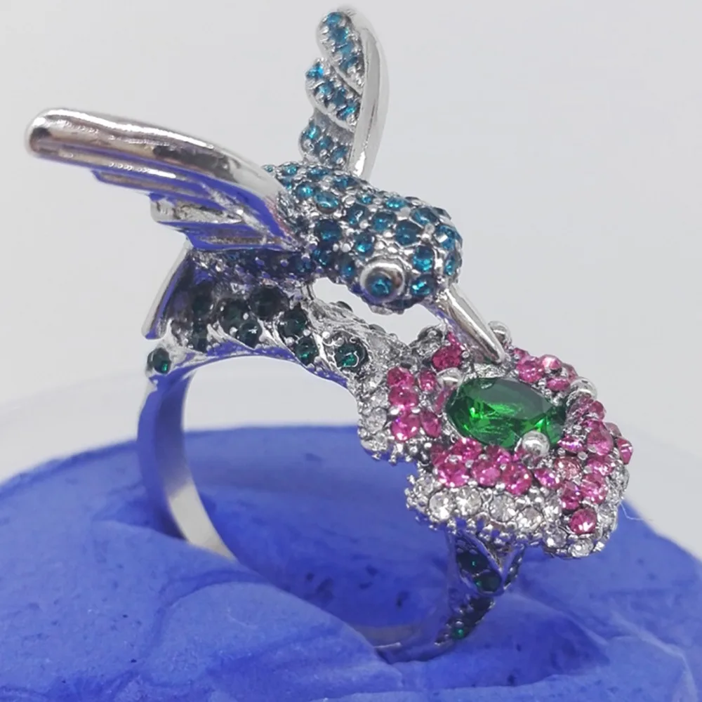 Fashion Women's Silver Plated Crystal Rhinestones Bird Flower Ring Wedding Engagement Jewelry Gift #267974