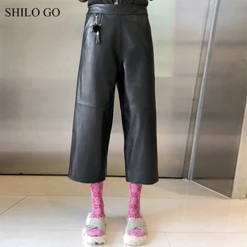 

SHILO GO Leather Pants Womens Spring England sheepskin genuine leather Pants high waist lady office OL concise wide leg pants