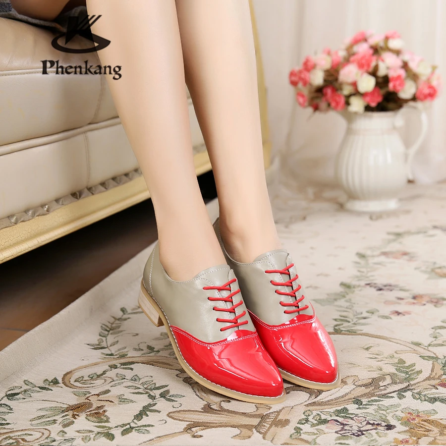 

100% Genuine cow leather brogues sneakers designer vintage lady flats shoes handmade oxford shoes for women yellow blue red