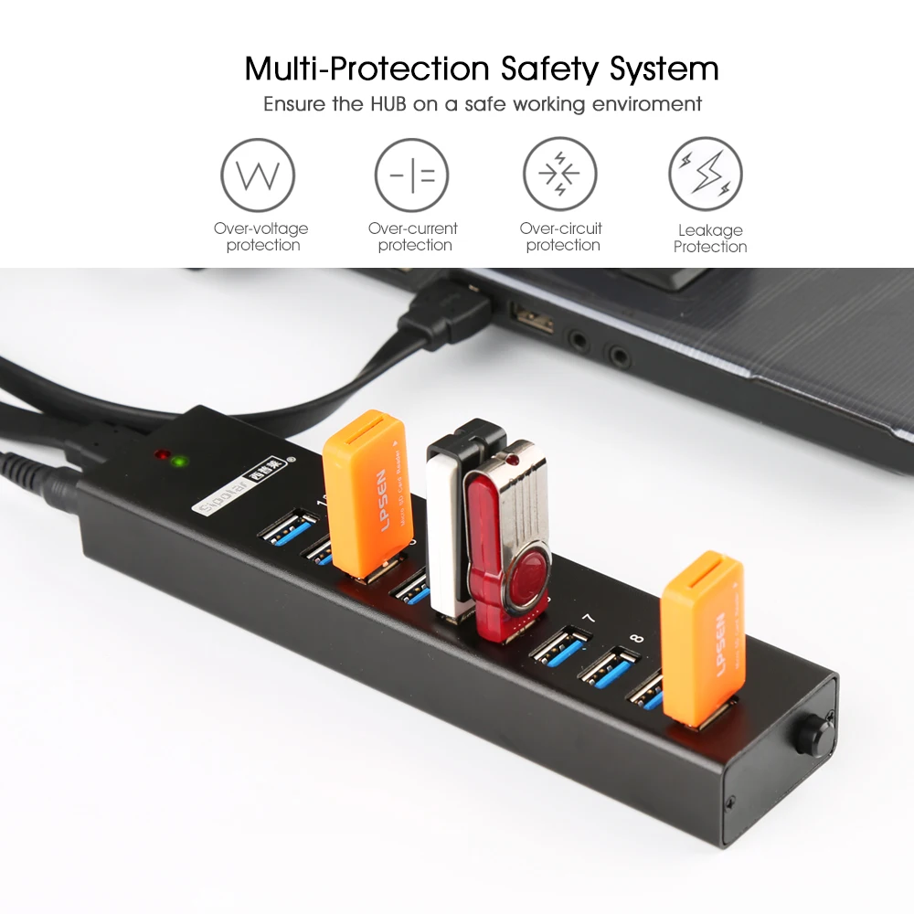 Sipolar 10 портов мини USB 3,0 металлическое зарядное устройство концентратор с 2 шт 2.1A порт быстрой зарядки и адаптер питания включения/выключения