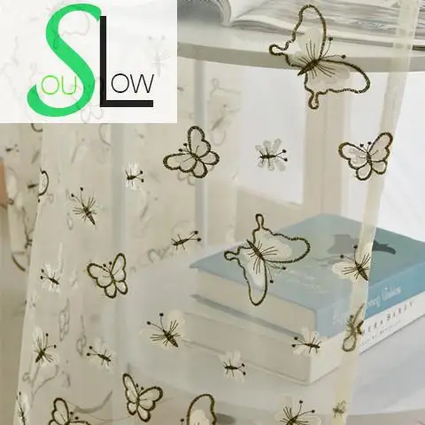 Черно белые пасторальные шторы с вышивкой в виде бабочки Slow Soul тюлевые для