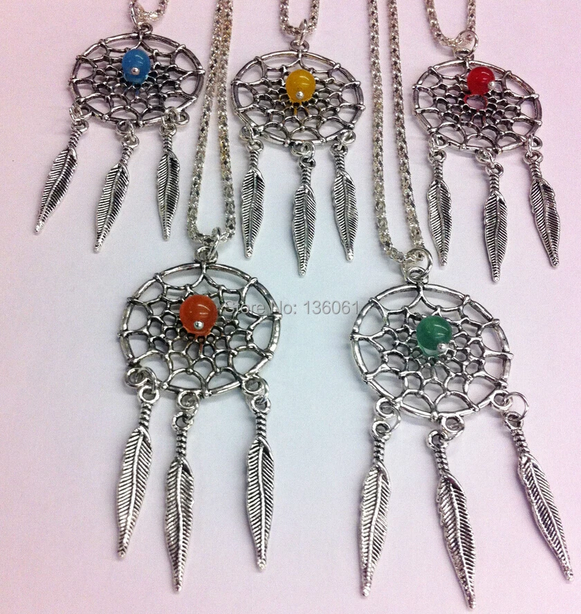 Vintage Silver Dream Catcher Necklace Pendants Beads Feather Charms