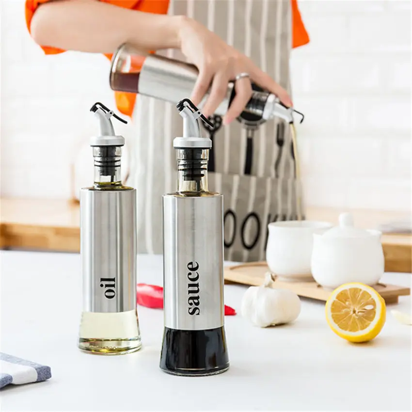 Useful 300ML Olive Oil Dispenser Bottle with Funnel Stainless Steel Oil Pourer Dispensing Bottles Oil Vinegar Sauce Bottle