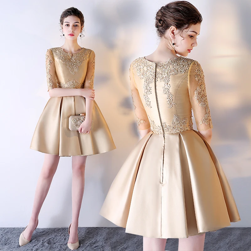 

Robe De Soiree Short New Luxury Gold Lace Evening Dress Custom Made O neck Short Evening Dresses Sexy Bride Gown