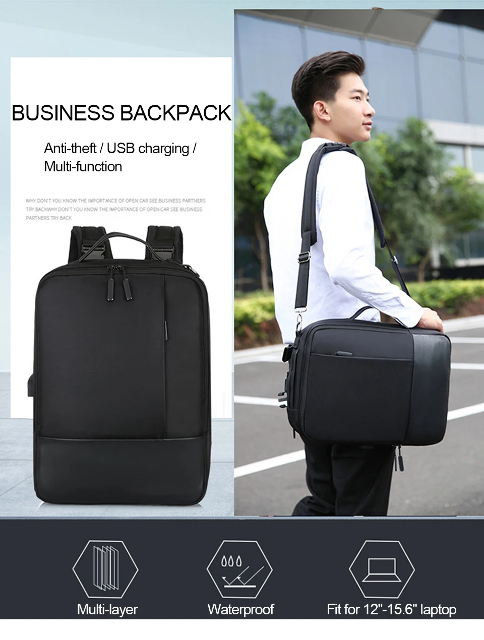Business Backpack Men Laptop Backpacks 17'' 15.6 Inch Waterproof Male Bags USB Charging Back Pack Notebook Black Travel Bagpack (1)