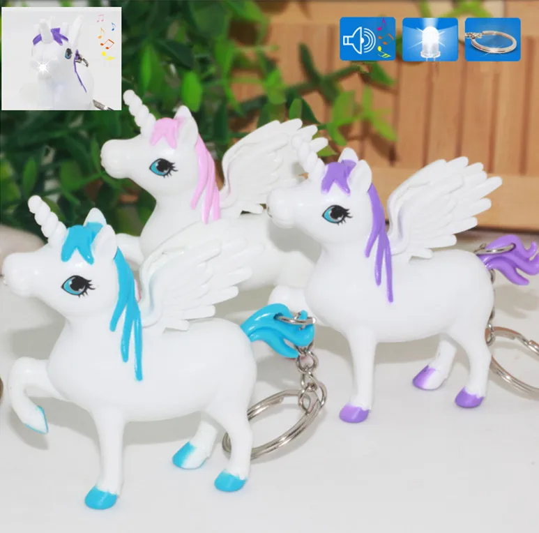 

LED Flashlight unicorn keychain with sound,simulation toys KeyRings,Children gift popular Key chain bag car pandent