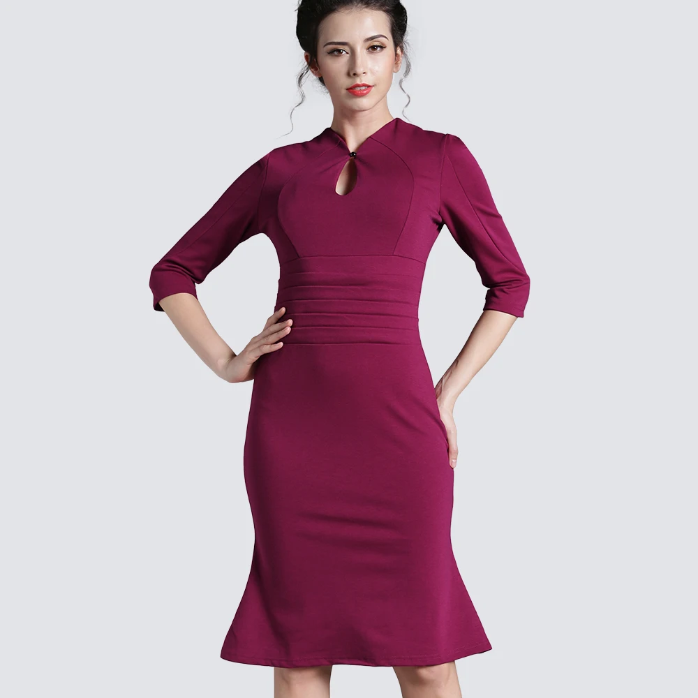 

Plus Size Autumn Women Vintage Elegant Ruched Mermaid Dress Sexy Front Key Hole Bodycon Party Dress H823