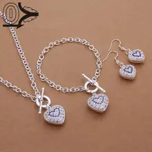 Hot Sell Silver Plated Jewelry Set,Cheap Bridal Party Sets,Inlaid Stone Heart Pendant Fashion Silver Necklace Bracelet Earring