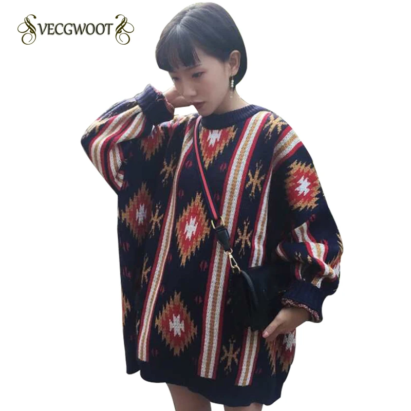 Autumn winter sweater women 2020 New Retro national wind Thicken Loose BF Long Knit pullovers Long-sleeve Female WYT612 | Женская одежда