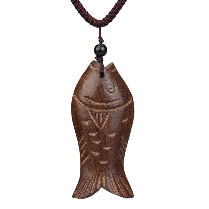 

Wood Lucky Fish Pendant Brown and Vintage Artificial Leather Necklace Chain 2016 ee