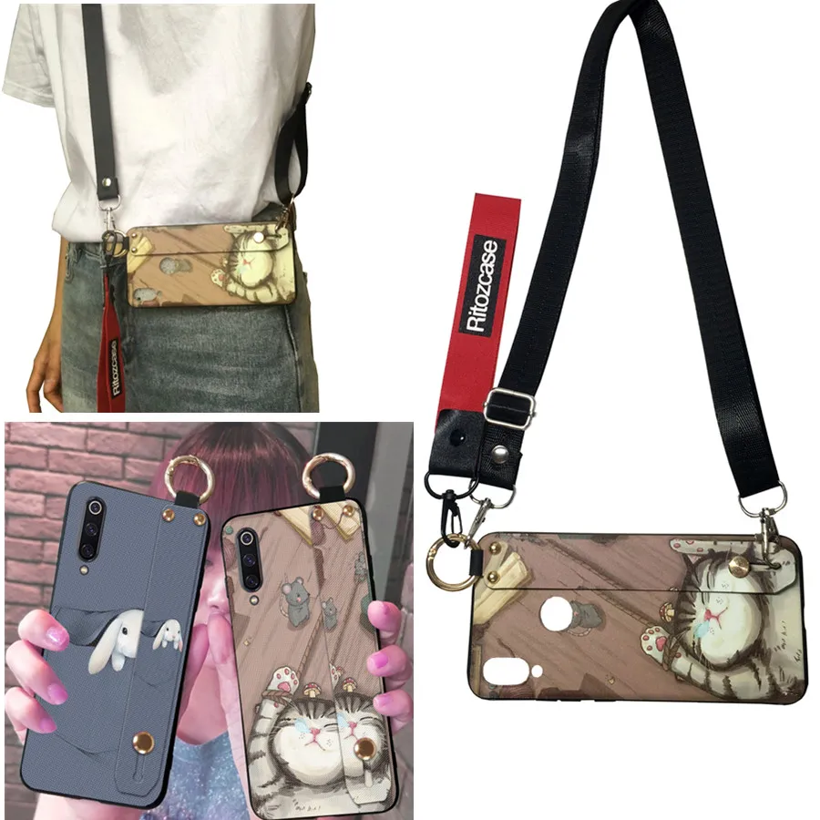 

wristband shoulder strap TPU case for huawei P20 P30 pro lite mate 20 10 pro honor 10 nova 4 case cover cat rabbit Red-crowned