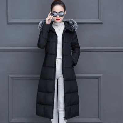 Модные зимние теплые пуховые пальто с капюшоном для женщин, повседневная однотонная верхняя одежда с большим меховым воротником, женские плотные теплые длинные пуховые пальто на молнии - Цвет: Черный