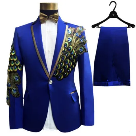Новейшие S-4XL мужские костюмы с блестками и рисунком павлина модные тонкие черные синие блестки вышитые мужские певицы вечерние костюмы для