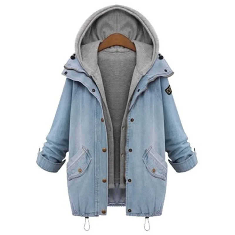 

Blue Hooded Drawstring Boyfriend Trends Jean Swish Pockets Two Piece Outerwear Women Long Sleeve Buttons Coat