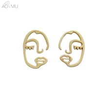 AOMU, Корея, простой дизайн, S925 серебро, булавка, металл, золото, полые, человеческое лицо, абстрактные серьги-гвоздики для женщин