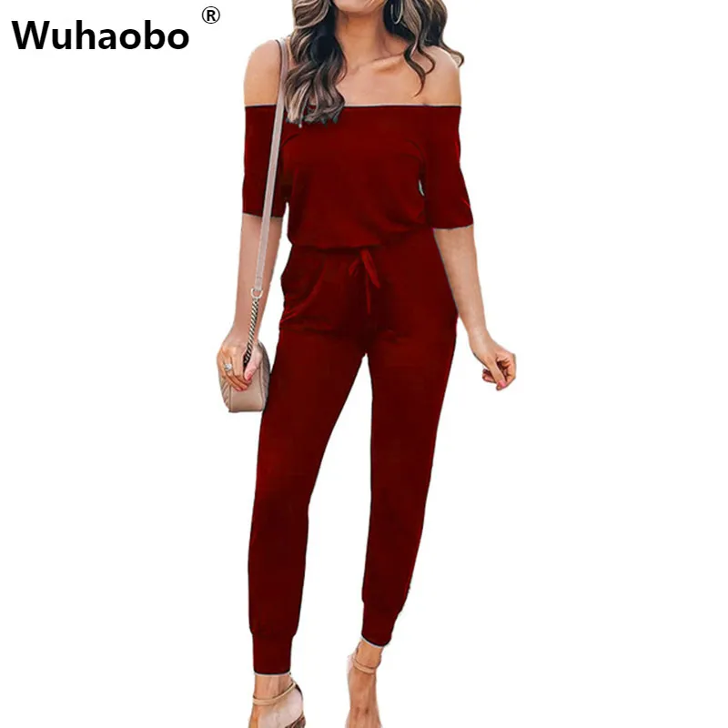 

Wuhaobo Sexy Off Shoulder Casual Jumpsuit Elegant Ladies Slim Party Overalls Elegant Women Short Sleeve Streetwear Rompers