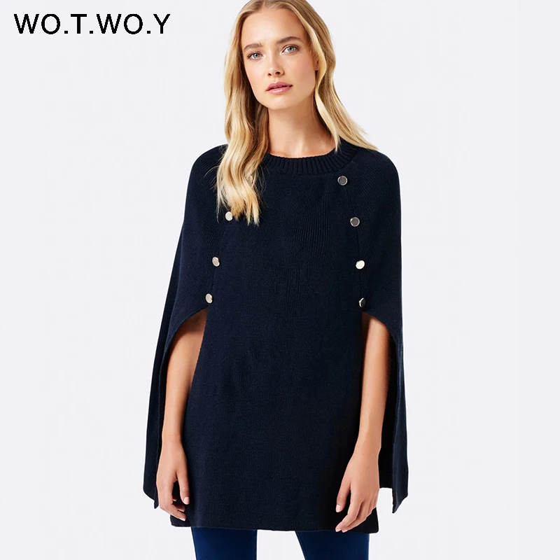 Cheap WOTWOY 2019 Knitted Cloak Sweater Women Casual Loose Shawl Autumn Winter Streetwear Poncho Women Sweater And Pullovers Plus Size