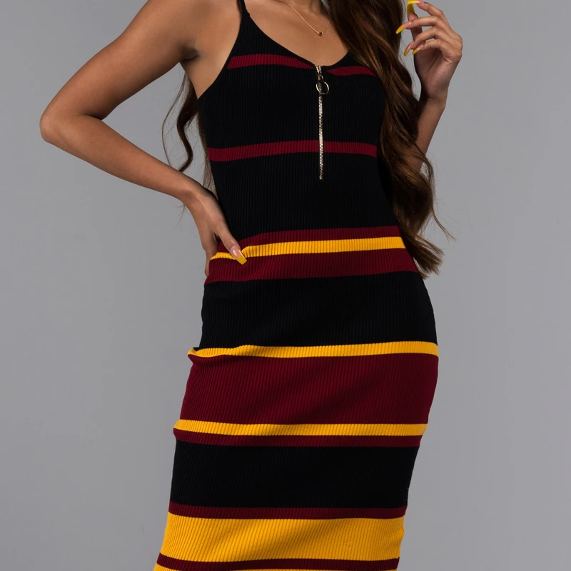 AKIRA Women's Zip Neck Stripe Thick Knit Ribbed 90s Retro Spaghetti Strap Sweater Midi Dress (1)
