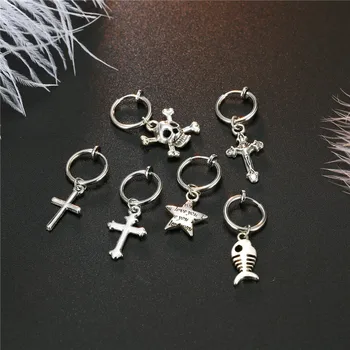1pc Cute Small Fish Star Cross Pendant Hoop Earrings For Women Punk Metal Color Skeleton Ear Clip Creative Earring Jewelry
