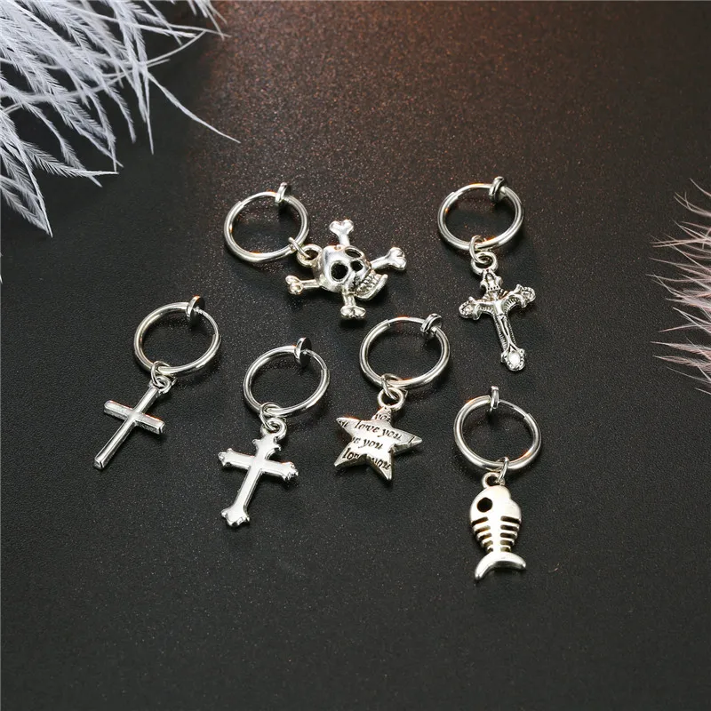 

1pc Cute Small Fish Star Cross Pendant Hoop Earrings For Women Punk Silver Color Skeleton Ear Clip Creative Earring Jewelry E359