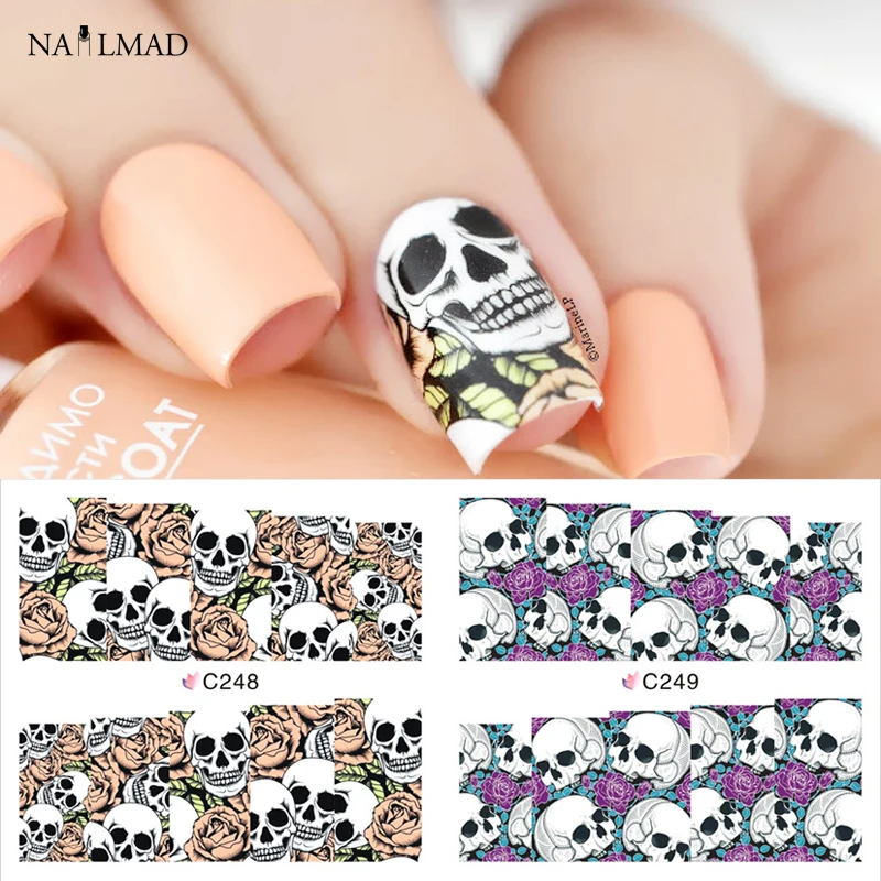 

4 Patterns/sheet Skull Water Decals Elegant Floral Skull Nail Art Full Transfers Stickers C248-C251