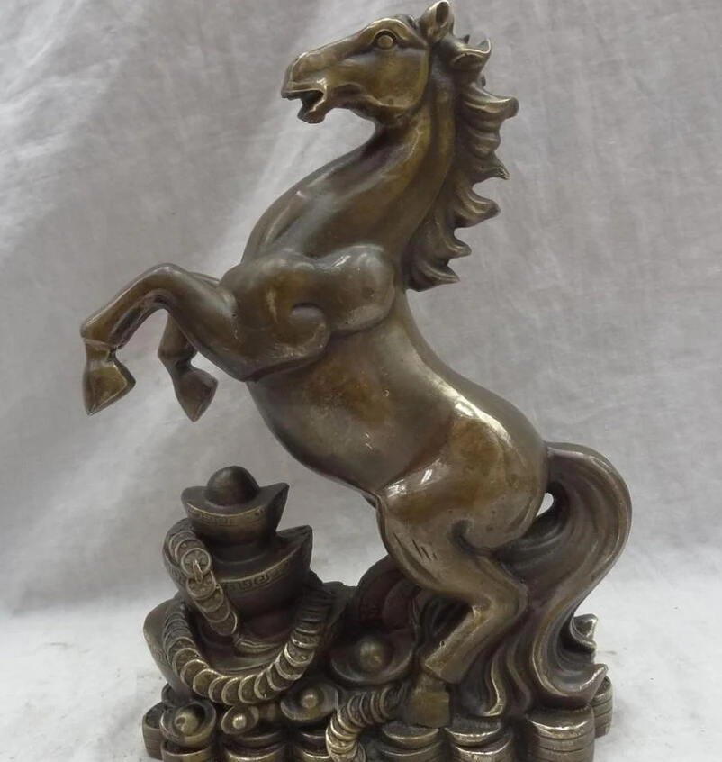 

S4143 9" Chinese Copper Bronze Animal Zodiac Wealth YuanBao Coin Horse Up Leg Statue D0317