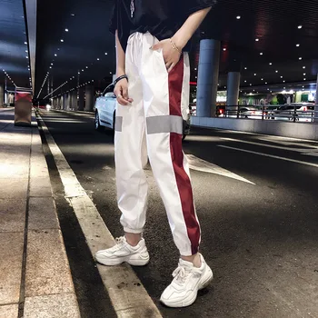 

Women Casual Pants Pockets Fashion High Waist Side Striped Pants Female Drawstring Color-blocked Loose Sport Pants Streetwear