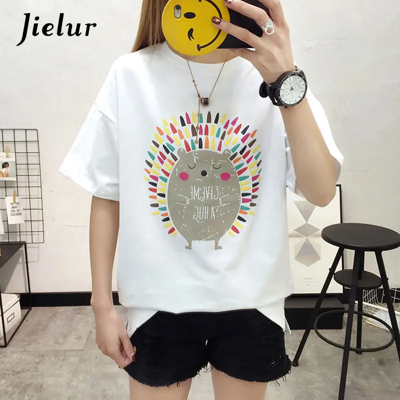 Jielur 5 цветов мультфильм Ежик печатных футболки для женщин Корейский шик короткий