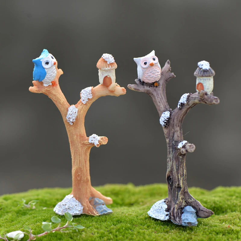 1 PCS Mini Tree Branches Resin Miniatures Owl Fairy Garden House Kit Dolls Christmas Ornaments Baby Toys Random Color
