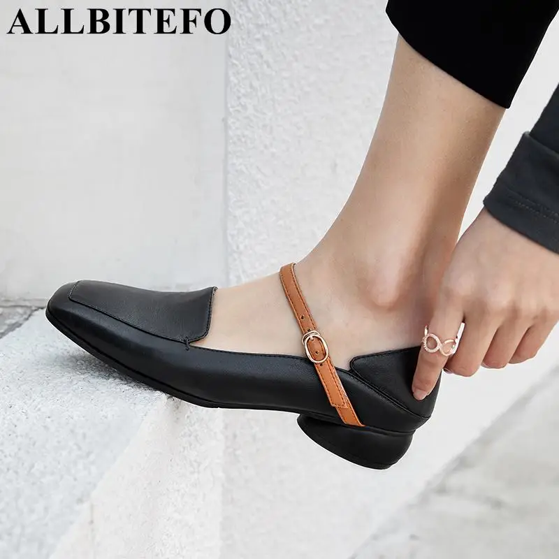 

ALLBITEFO brand natural genuine leather heels shoes girls fashion leisure square toe comfortable low heel shoes chaussures femme