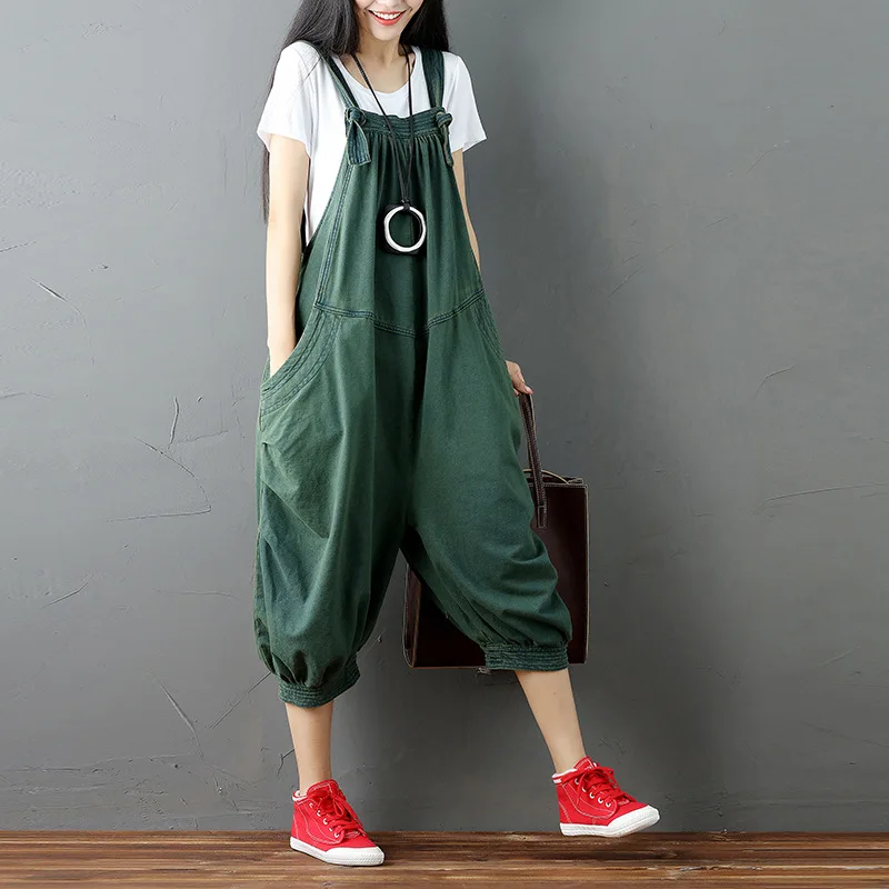 

Original Cotton Women Vintage Rompers 2018 New Fashion Spring Loose Strap Casual Big Pocket Jumpsuits Harem Pants Overalls