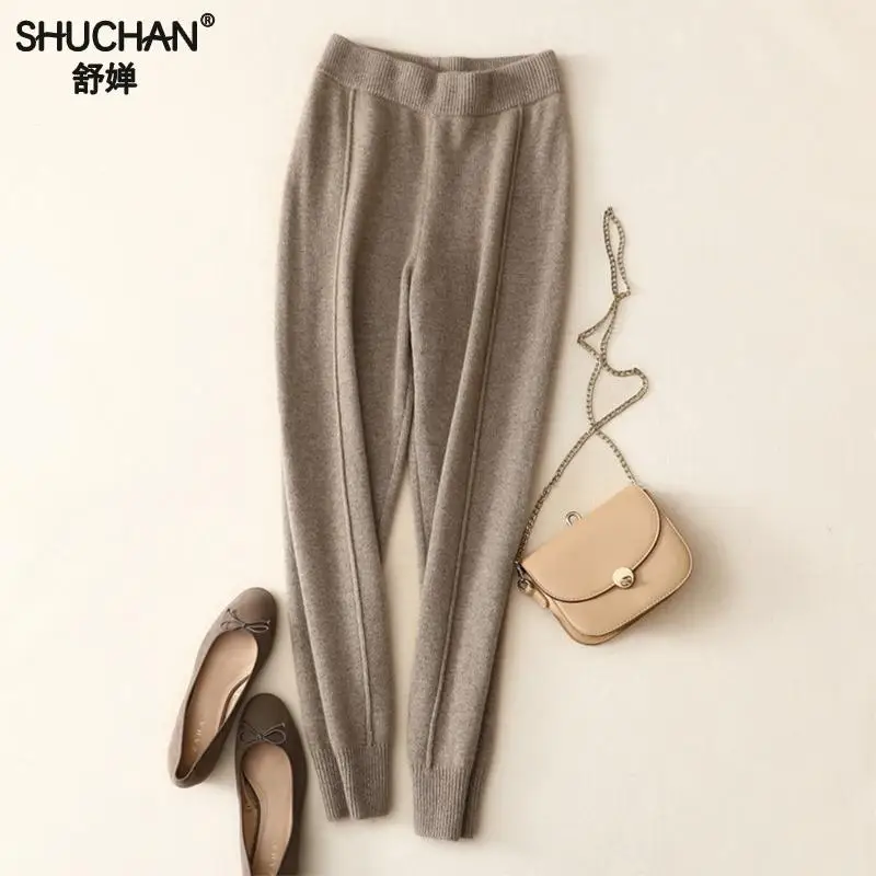 

Shuchan Women Pant 2018 Autumn Winter 100% Cashmere Trousers Women High Waist Long Pencil Pants Knitted Pants Women