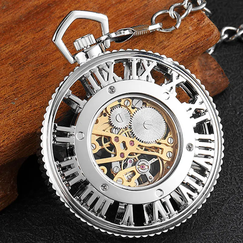 Стимпанк Hollow Механические карманные часы большой римскими цифрами Skleton Винтаж брелок часы Цепочки и ожерелья с цепочкой для Для мужчин Для