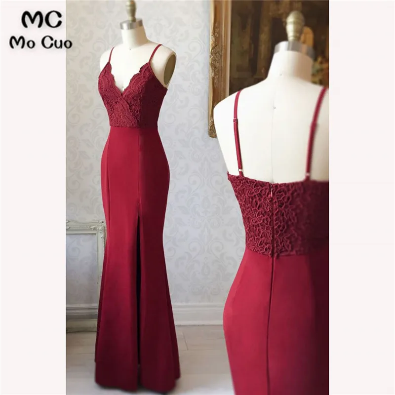 BURGUNDY V NECK LACE MERMAID LONG PROM DRESS, BURGUNDY EVENING DRESS 