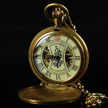 

Antique Pure Copper Cover Skeleton Mechanical Pocket Watch freeship
