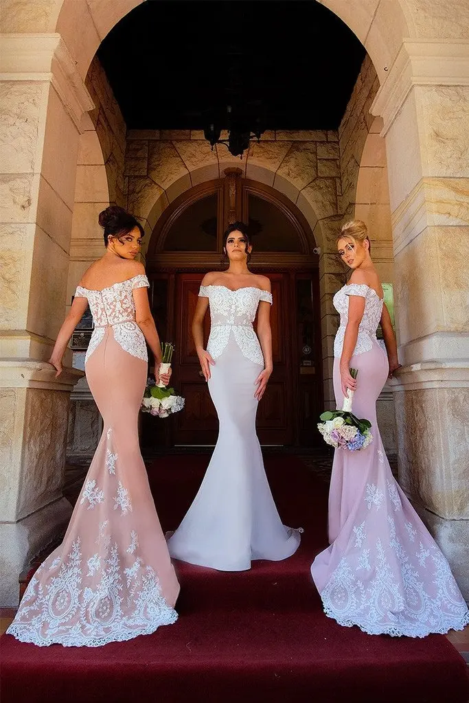 С открытыми плечами Розовый Русалка длинное платье подружки невесты для Свадебная вечеринка Лидер продаж аппликация горничной